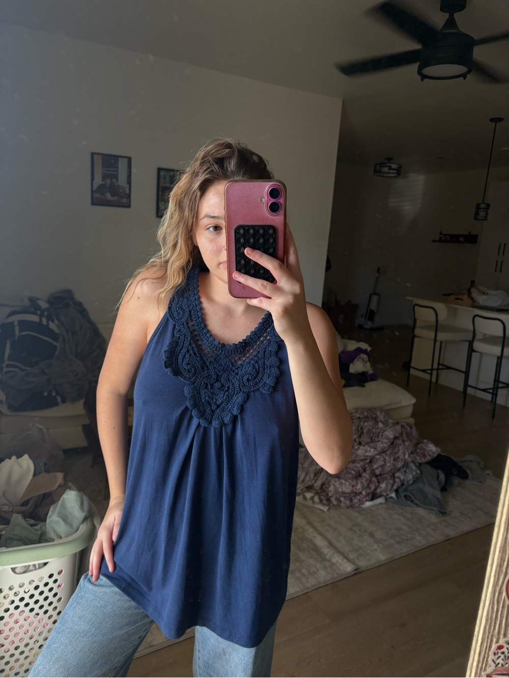 august silk Navy Crochet-Trim Sleeveless Camisole